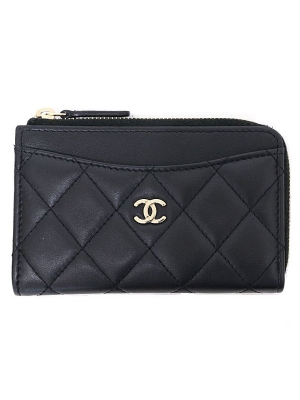 Chanel Zip Card Case Fragment Coin Purse Quilted Lambskin Black